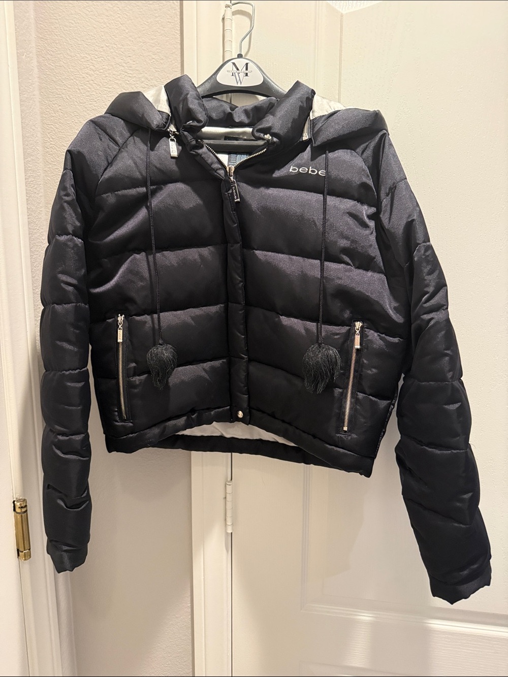 bebe Black cropped Quilted Puffer Jacket with removable Hood